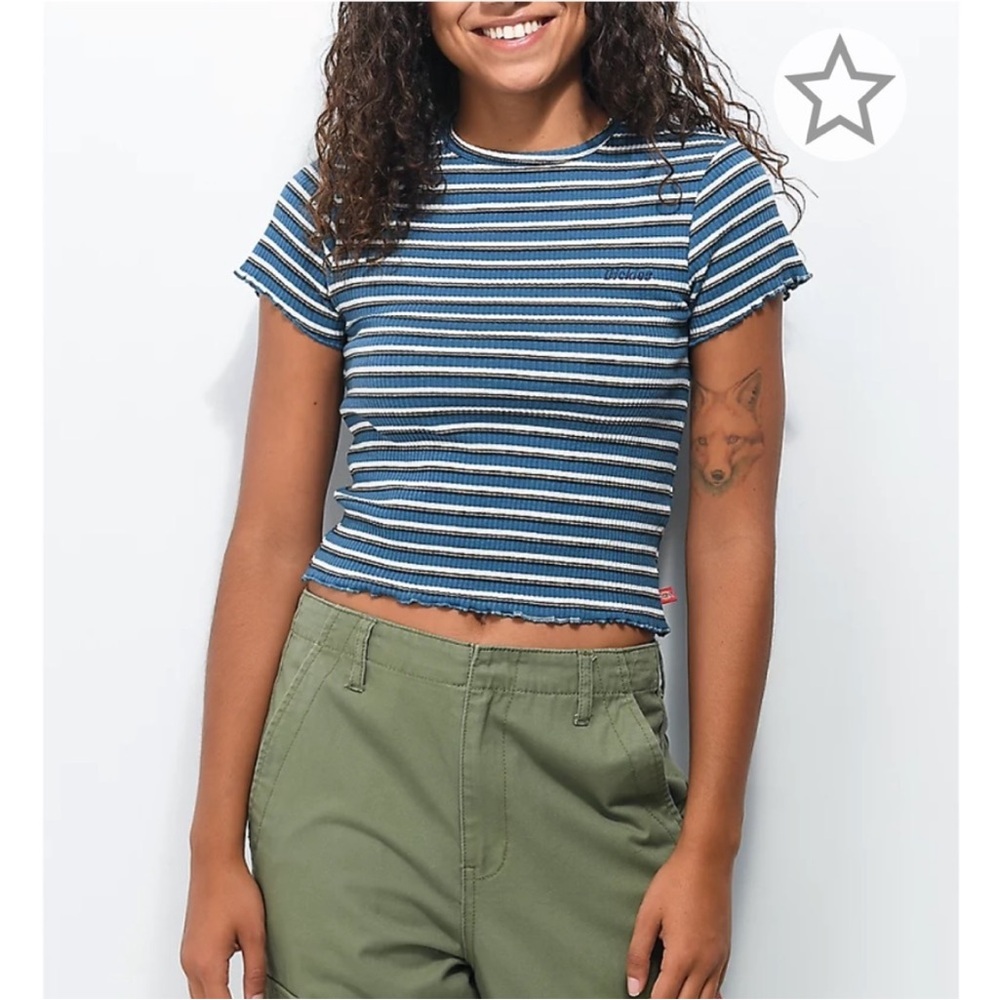 Dickies Juniors Lettuce Edge Baby Tee Size L Blue Striped Crop NWT